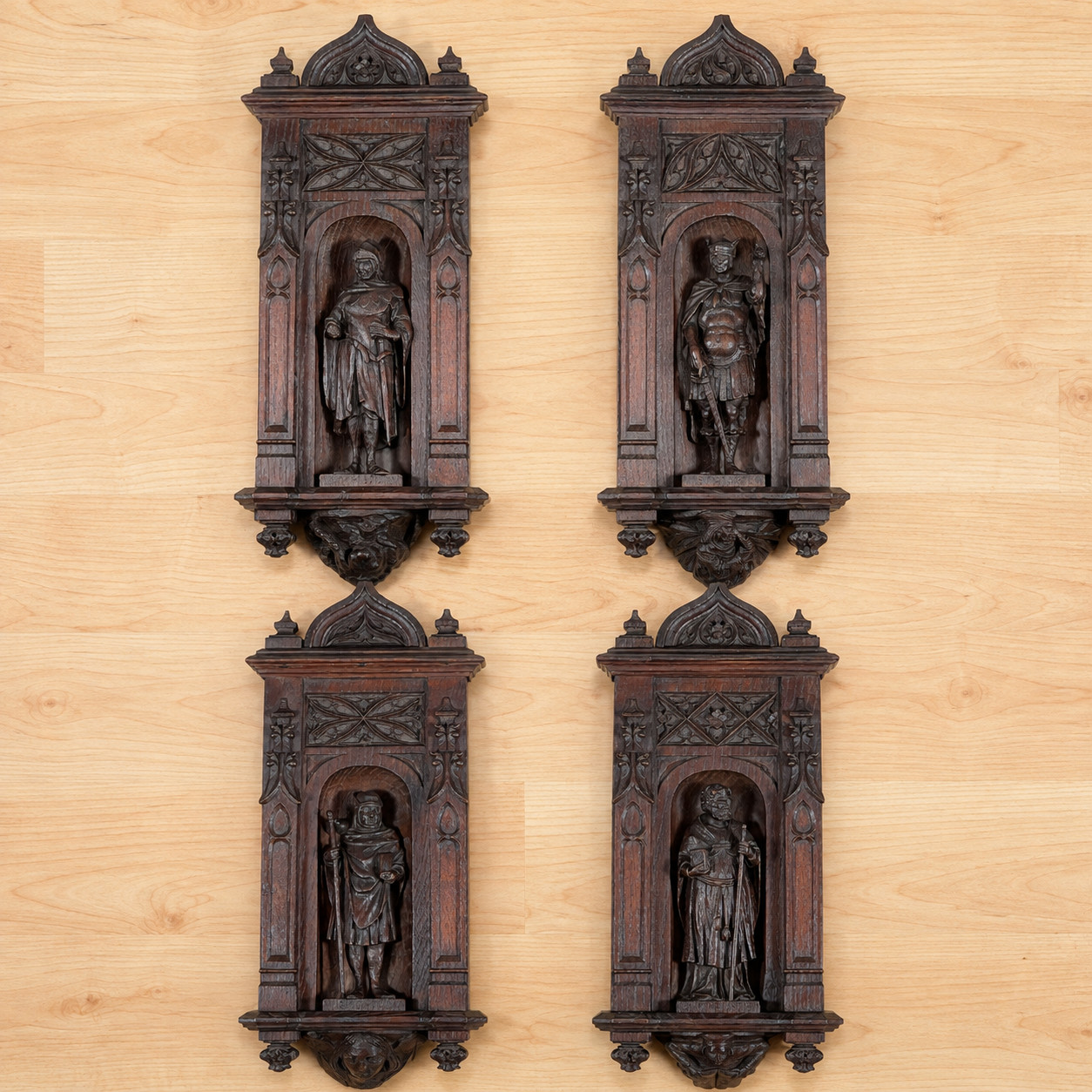 Set of 4 Antique French Gothic Oak Carved Wall Plaques with Medieval Figures