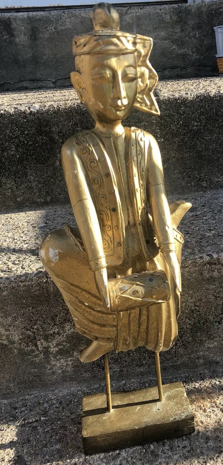 ANTIQUE Asian Thailand Gold Gilt Hand Carved Wooden Statue Army Drummer Man