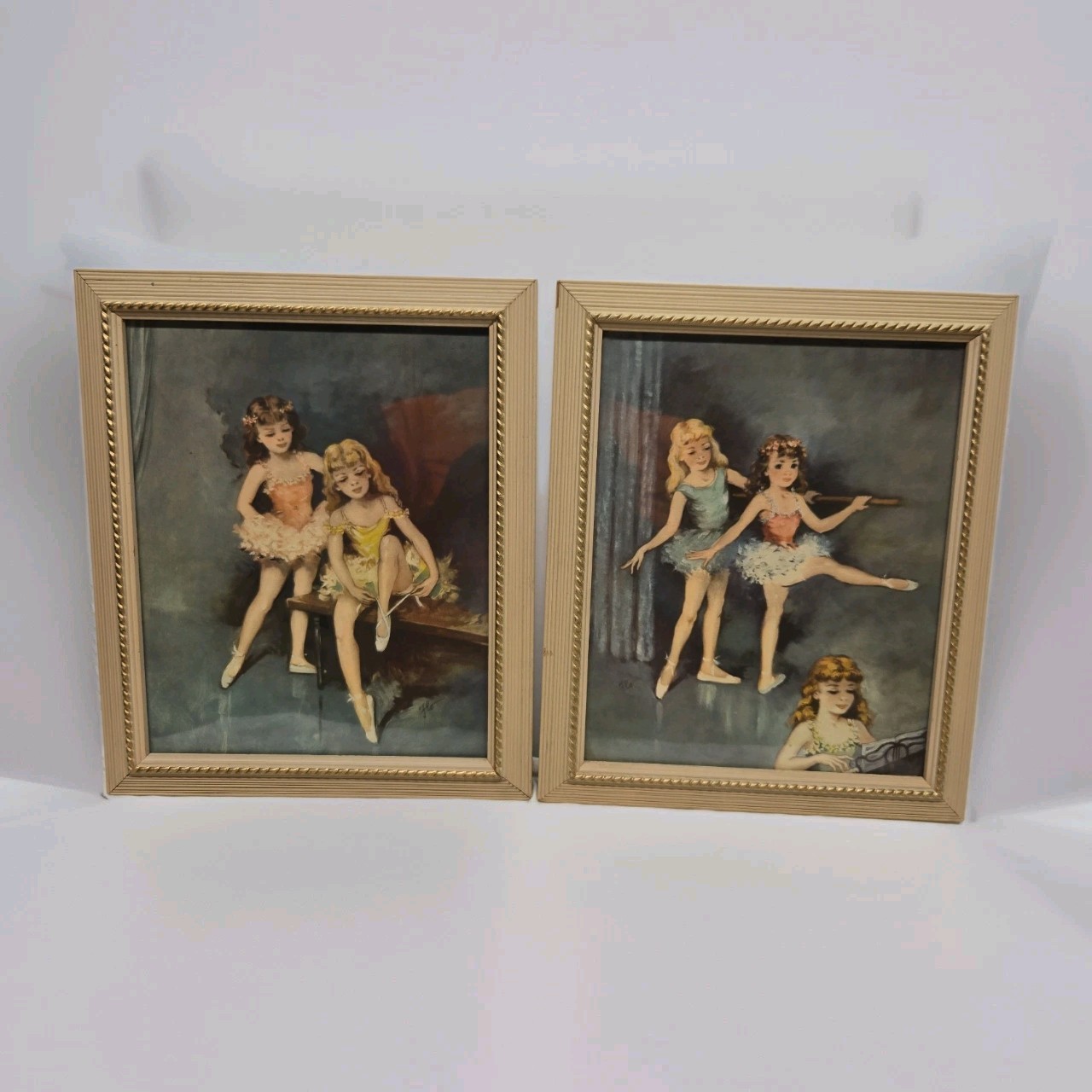 1940's (2)Vtg Florence Kroger Ballerina Prints, Mid-Century Shabby Chic Signed 