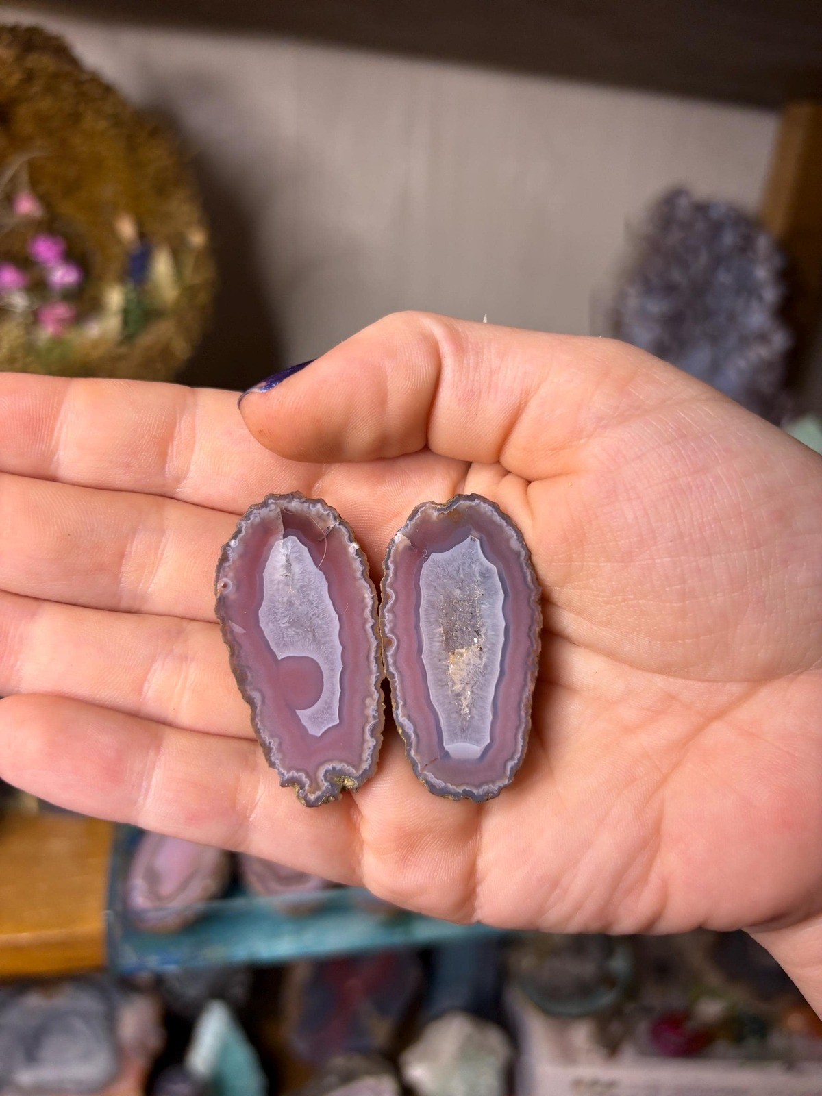 Zhanguo Agate Slices – Lavender Chalcedony Banding, Druzy Quartz Center (Pair)