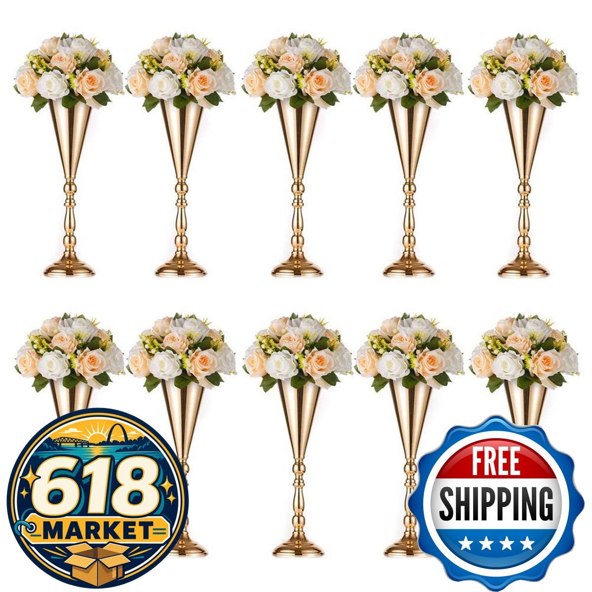 Sziqiqi Gold Trumpet Flower Centerpiece Riser Stand 10Pcs 16.5in Sziqiqi Gold Trumpet Flower Centerpiece Riser Stand 10Pcs 16.5in