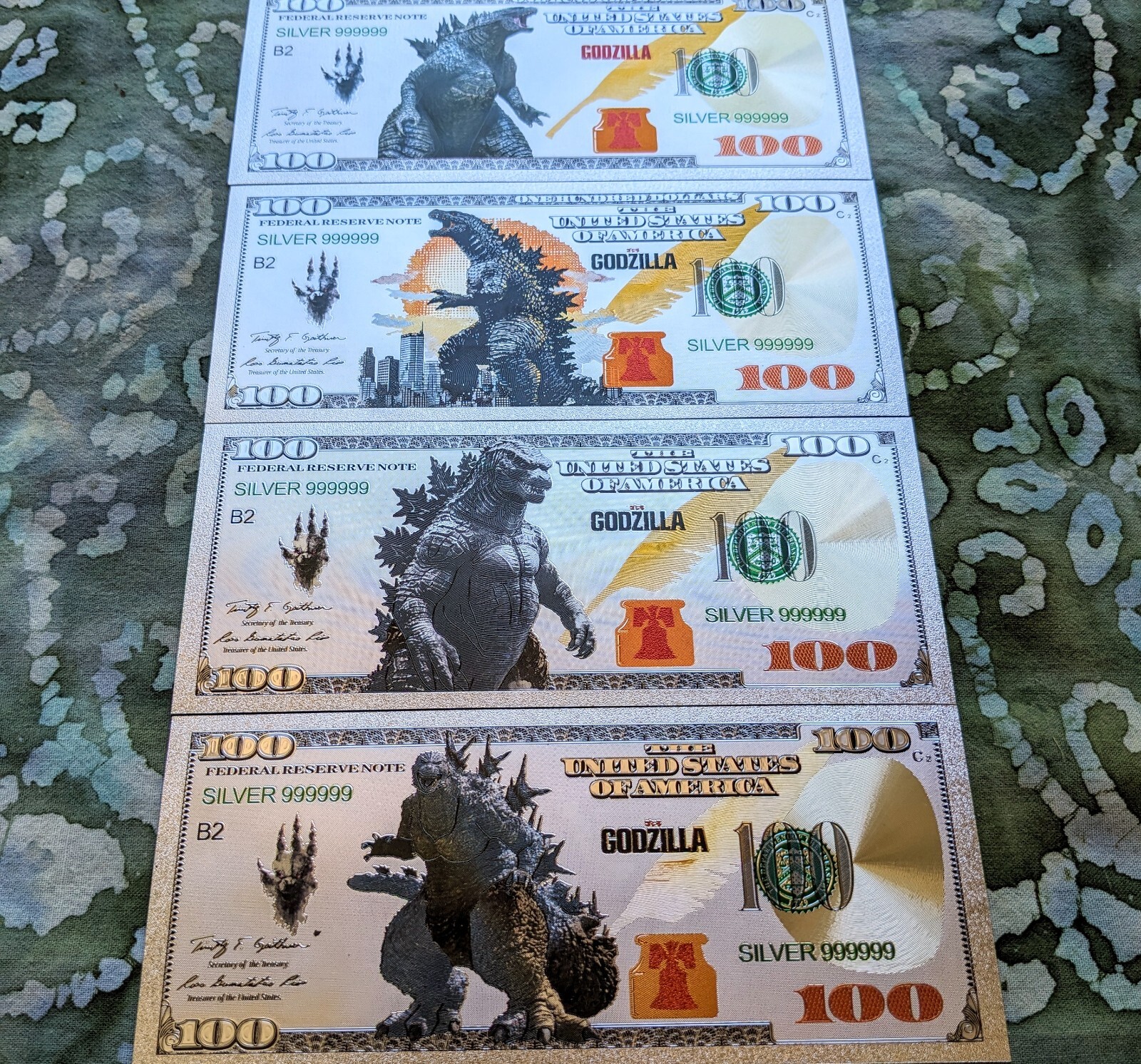 4 Piece 24k Gold Foil Plated Godzilla Banknote Set.  Mint