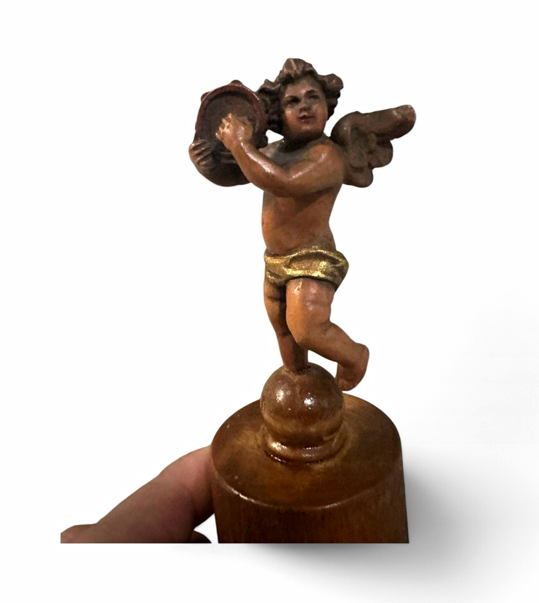 Vintage Italian Carved Wood Putto Cherub Figurine Playing Tambourine Gilt Accent Vintage Italian Carved Wood Putto Cherub Figurine Playing Tambourine Gilt Accent