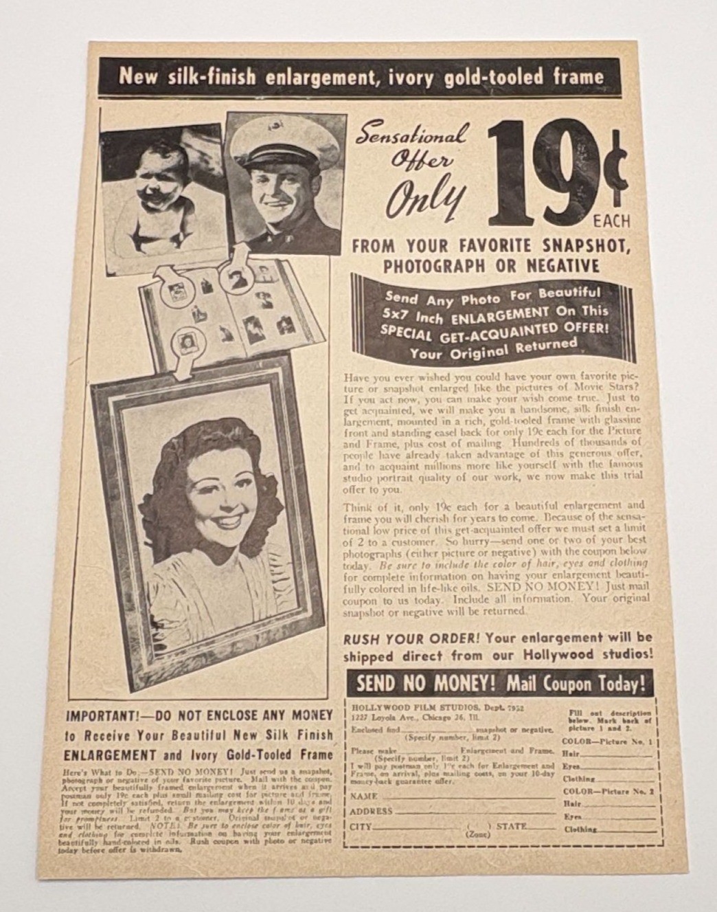 Hollywood Film Studios Vtg Print Ad 50s Silk Finish Enlargement Photo Mail Order