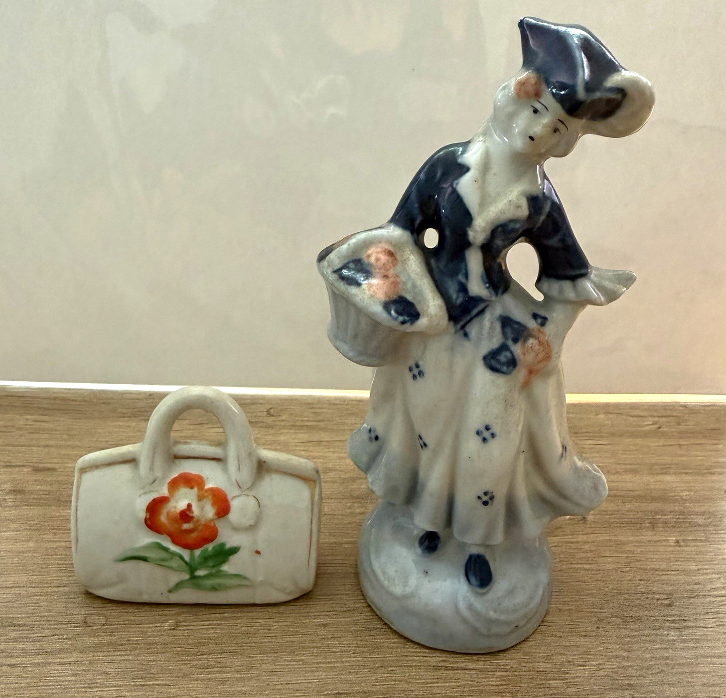 Vintage Occupied Japan Porcelain Lady & Floral Purse Figurines 1945-52 Vintage Occupied Japan Porcelain Lady & Floral Purse Figurines 1945-52