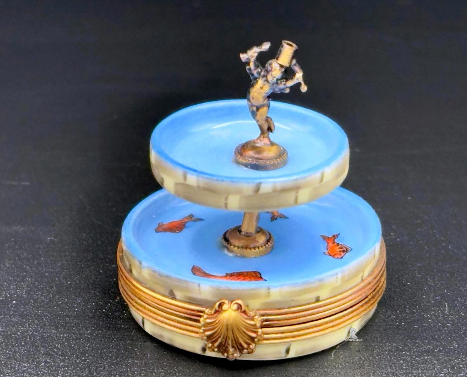 Very Rare Authentic Atelier de Limoges 1/250 Blue Fountain Cherub Trinket Box