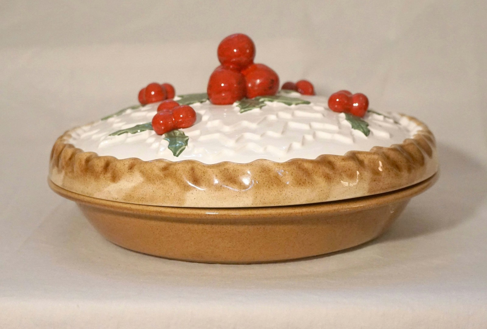 Wow Vintage Ceramic Pie Keeper and Lid Holly Berries Made Portugal