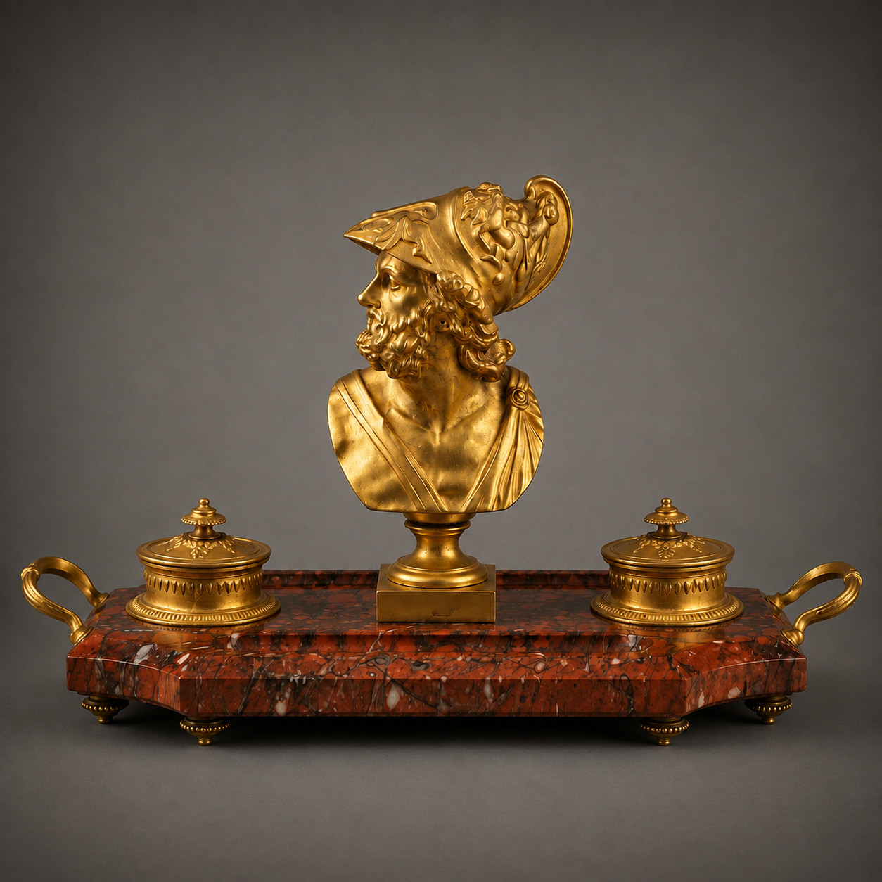 Antique Grand Tour Dore Bronze & Red Marble Inkwell 14\