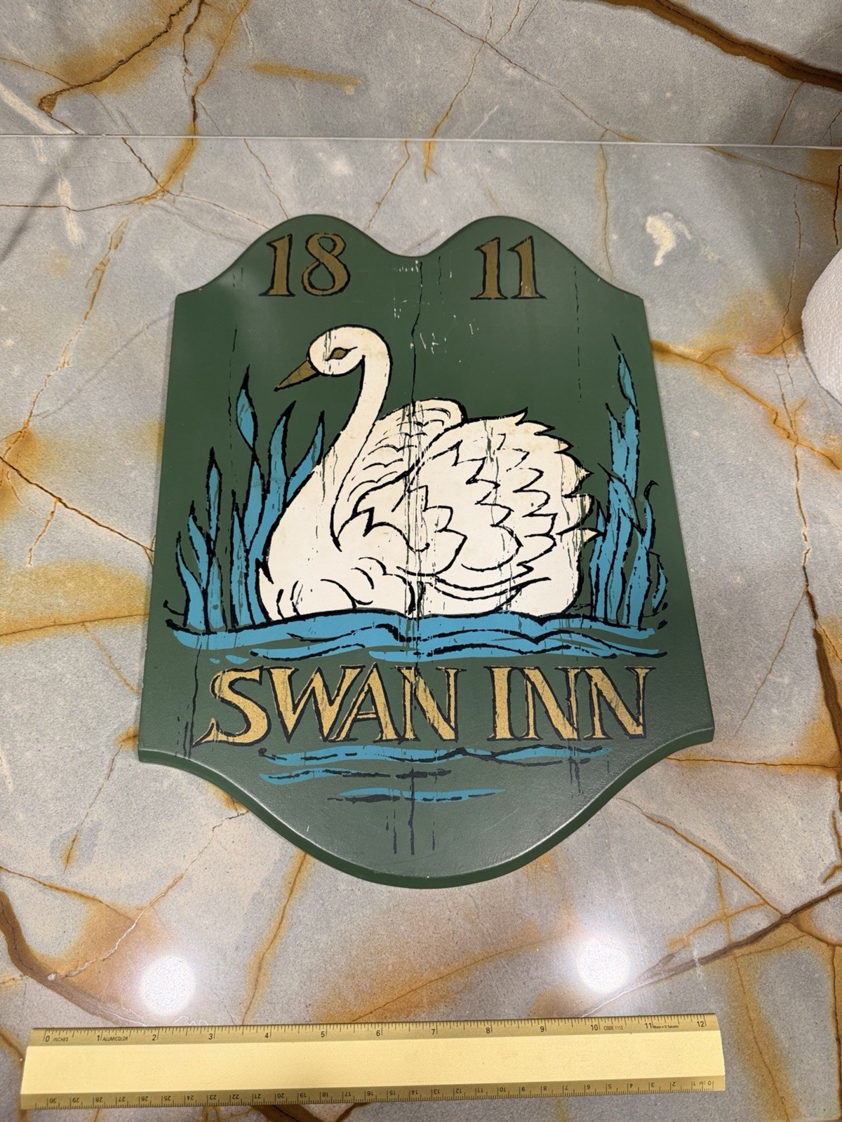 Vintage Masketeers 1965 Marked Green Painted Wood Plaque with 1811 Swan Inn Wall