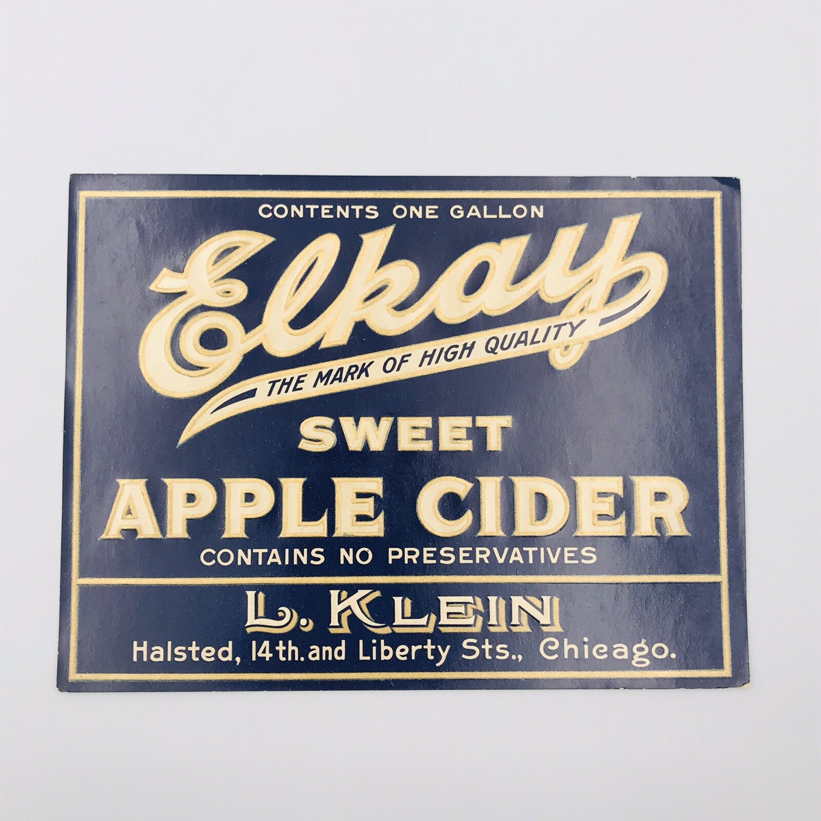 Vintage Original Elkay Sweet Apple Cider Blue Label L Klein Chicago IL 