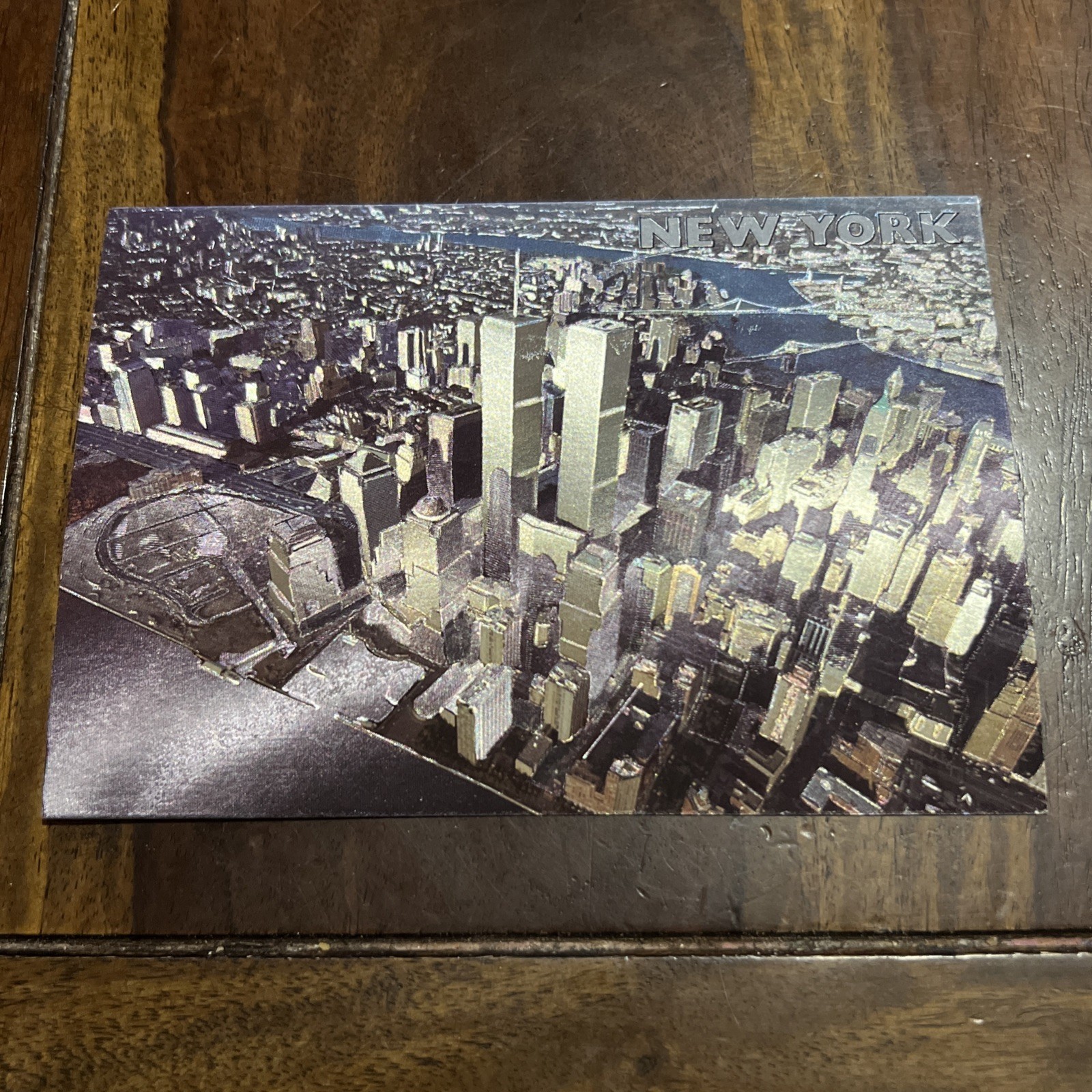 Vtg Postcard NYC Twin Towers World Trade Center Ariel View Shiny Foil Dufex