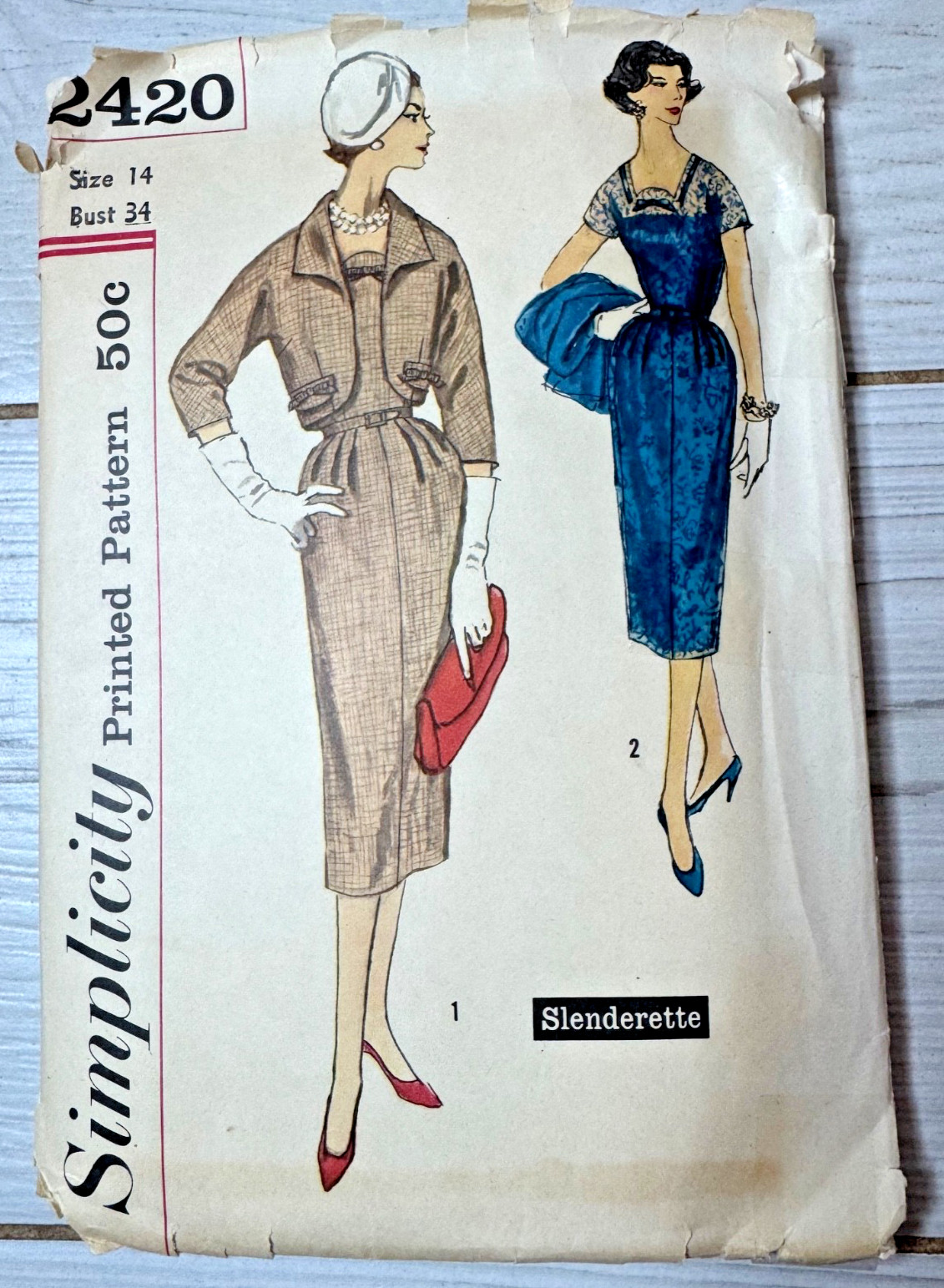Simplicity Pattern 2420 Slenderette Women\'s Slim Dress & Jacket Sz 14 Vtg 1950s