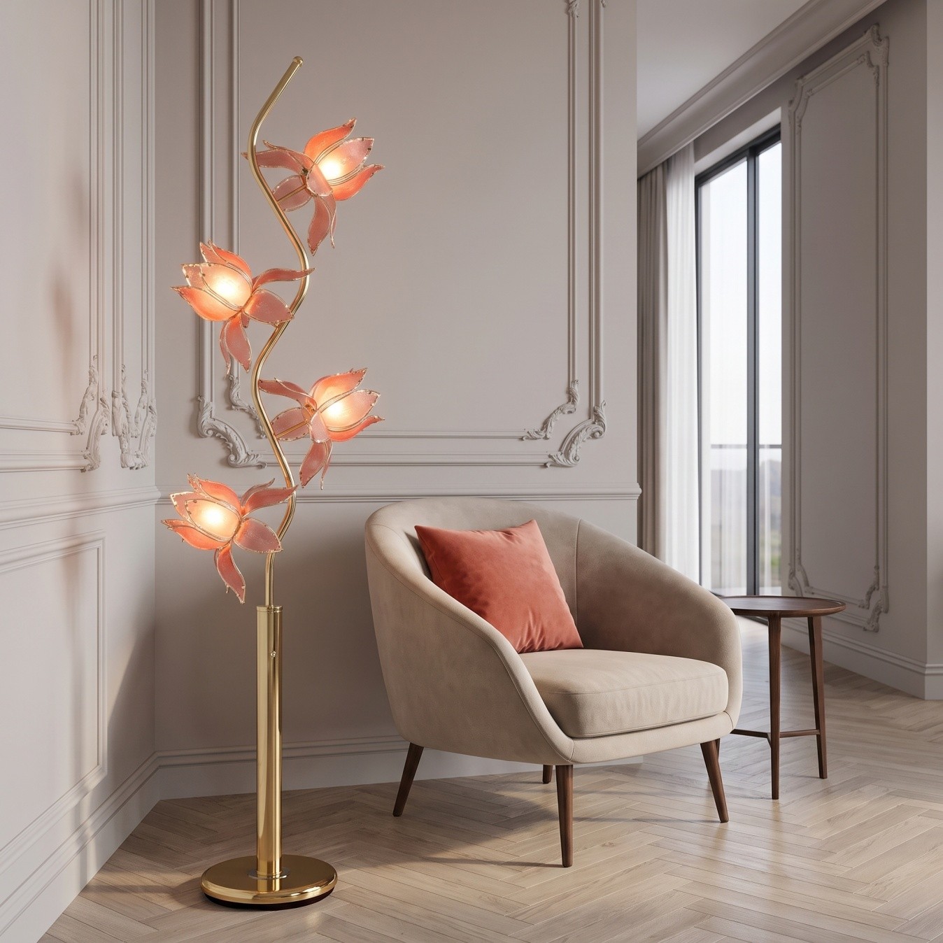 Luxury Vintage Style Pink Glass Lotus Flower Floor Lamp Gold Stand 73\