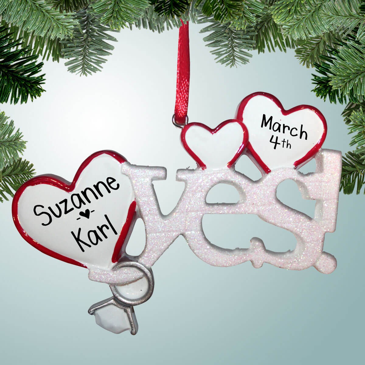 She Said YES with White & Red Hearts - Personalized Ornament - Just Married