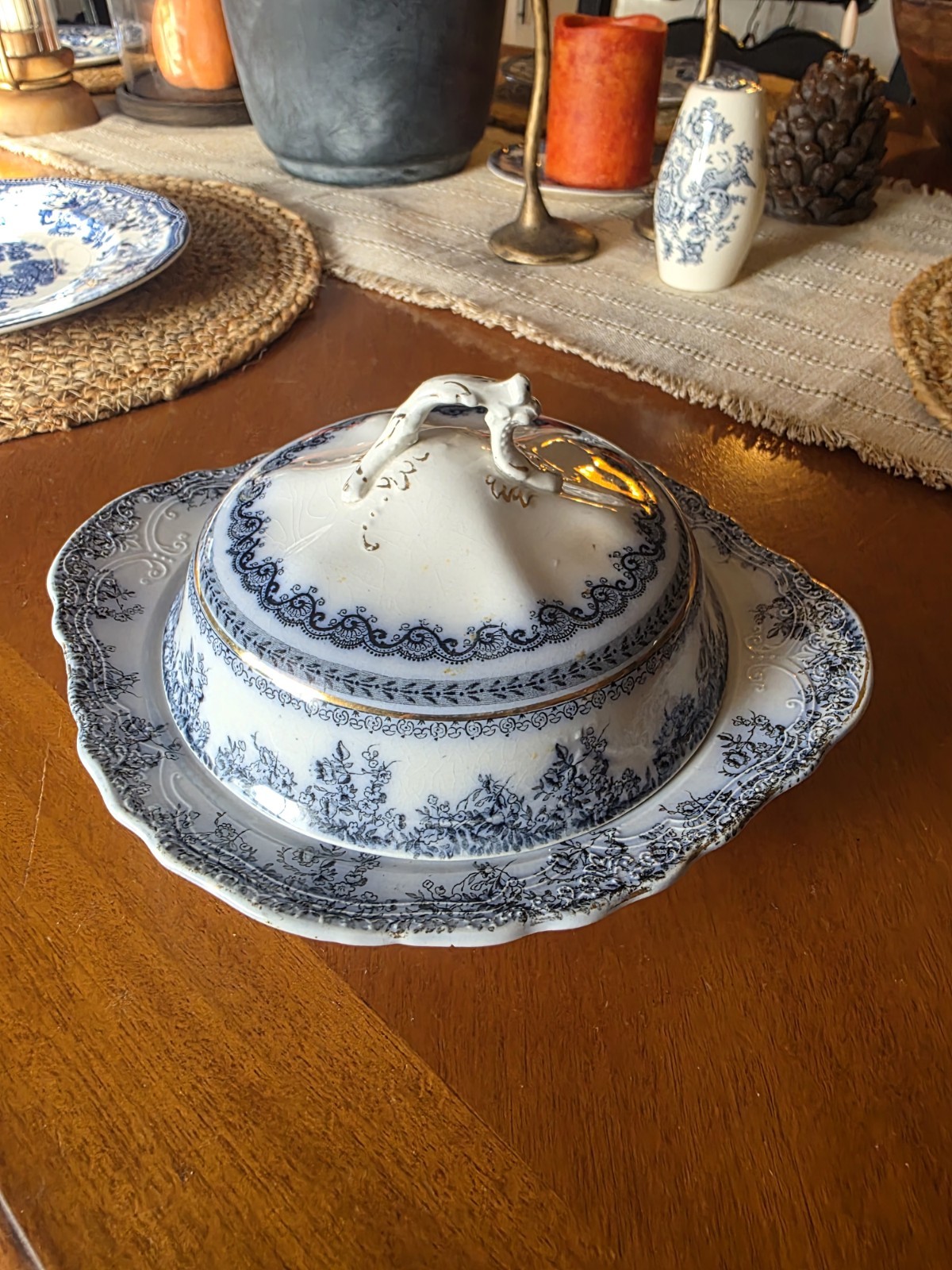 Antique Wood & Sons Florence Flow Blue Covered Butter Dish Underplate Victorian