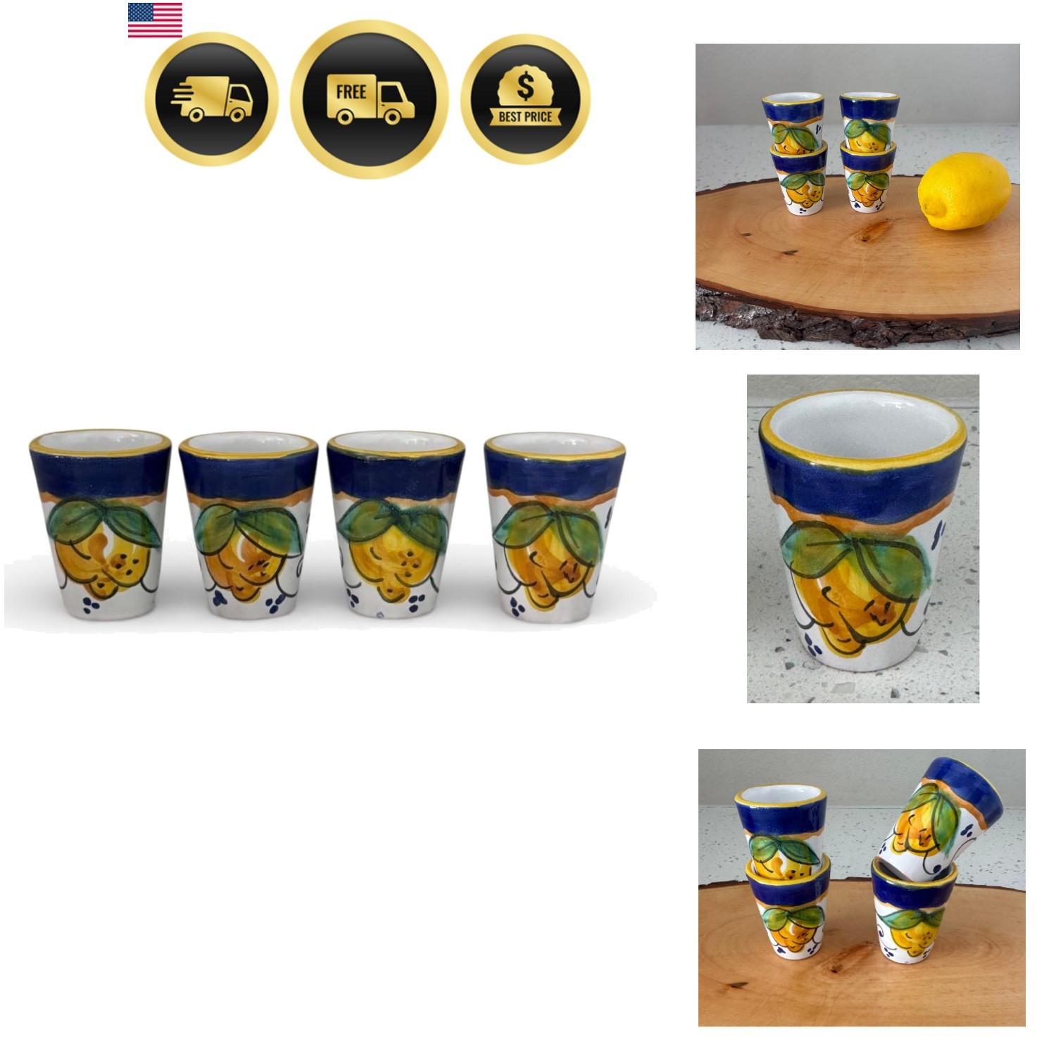 Hand Painted Italian Ceramic Limoncello Glasses - Set of 4 Lemon Shot Cups, A... Hand Painted Italian Ceramic Limoncello Glasses - Set of 4 Lemon Shot Cups, A...