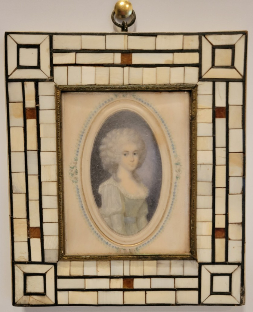 Antique Miniature Portrait of Woman in Decorative Mosaic Tile Picture Frame