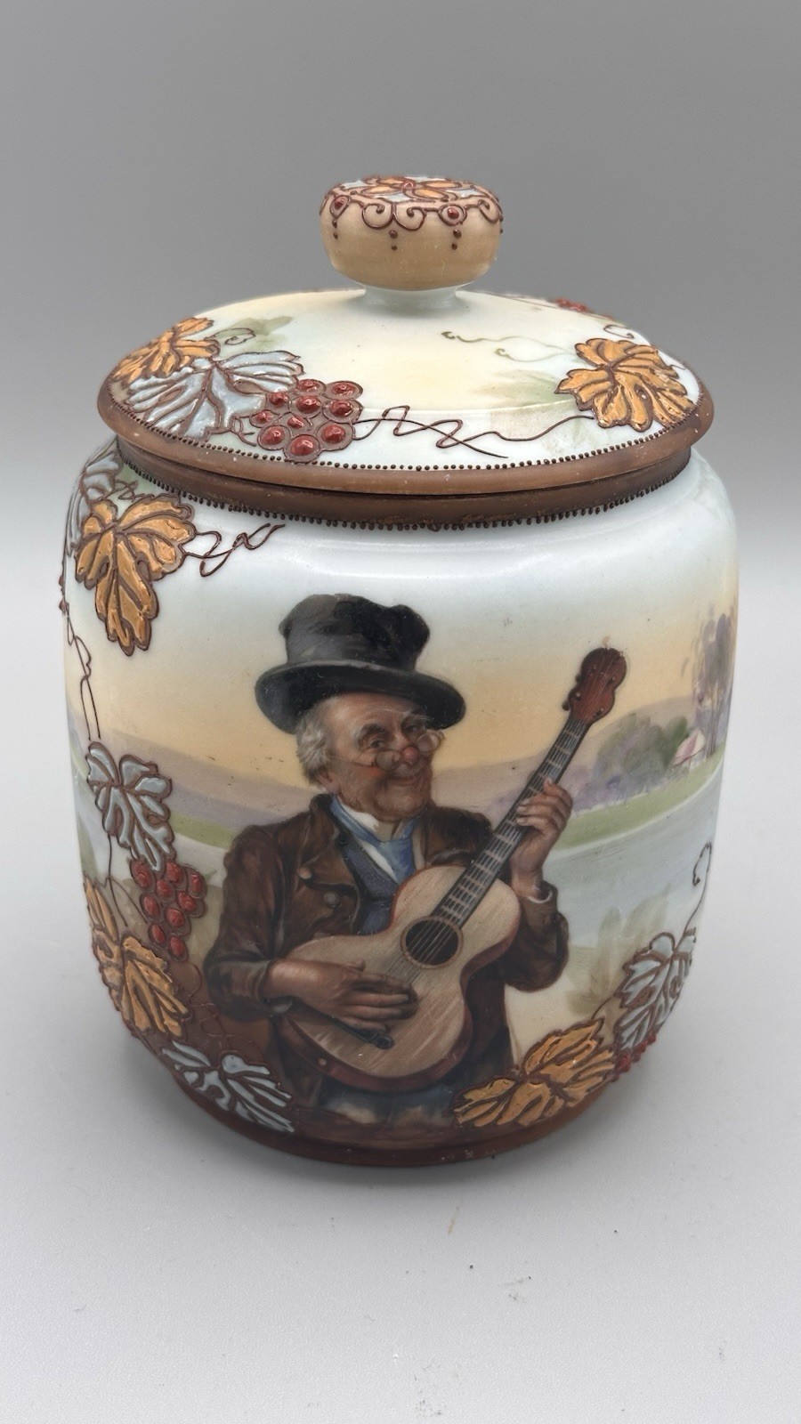 Antique Nippon Scenic Man Portrait Humidor Jar Hand Painted Stunning Quality