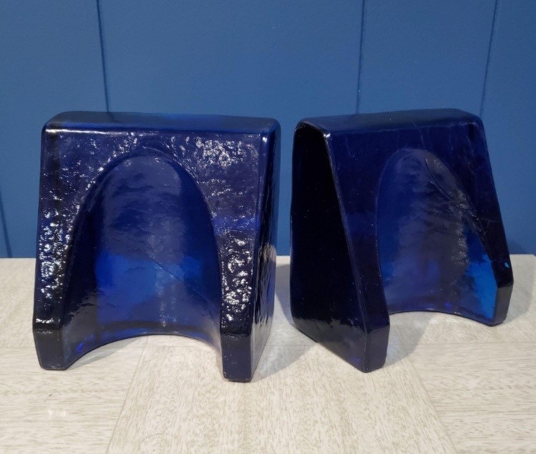 Blenko Glass Vintage MCM Cobalt Blue Wayne Husted Shovel Wedge Heavy Bookends Blenko Glass Vintage MCM Cobalt Blue Wayne Husted Shovel Wedge Heavy Bookends