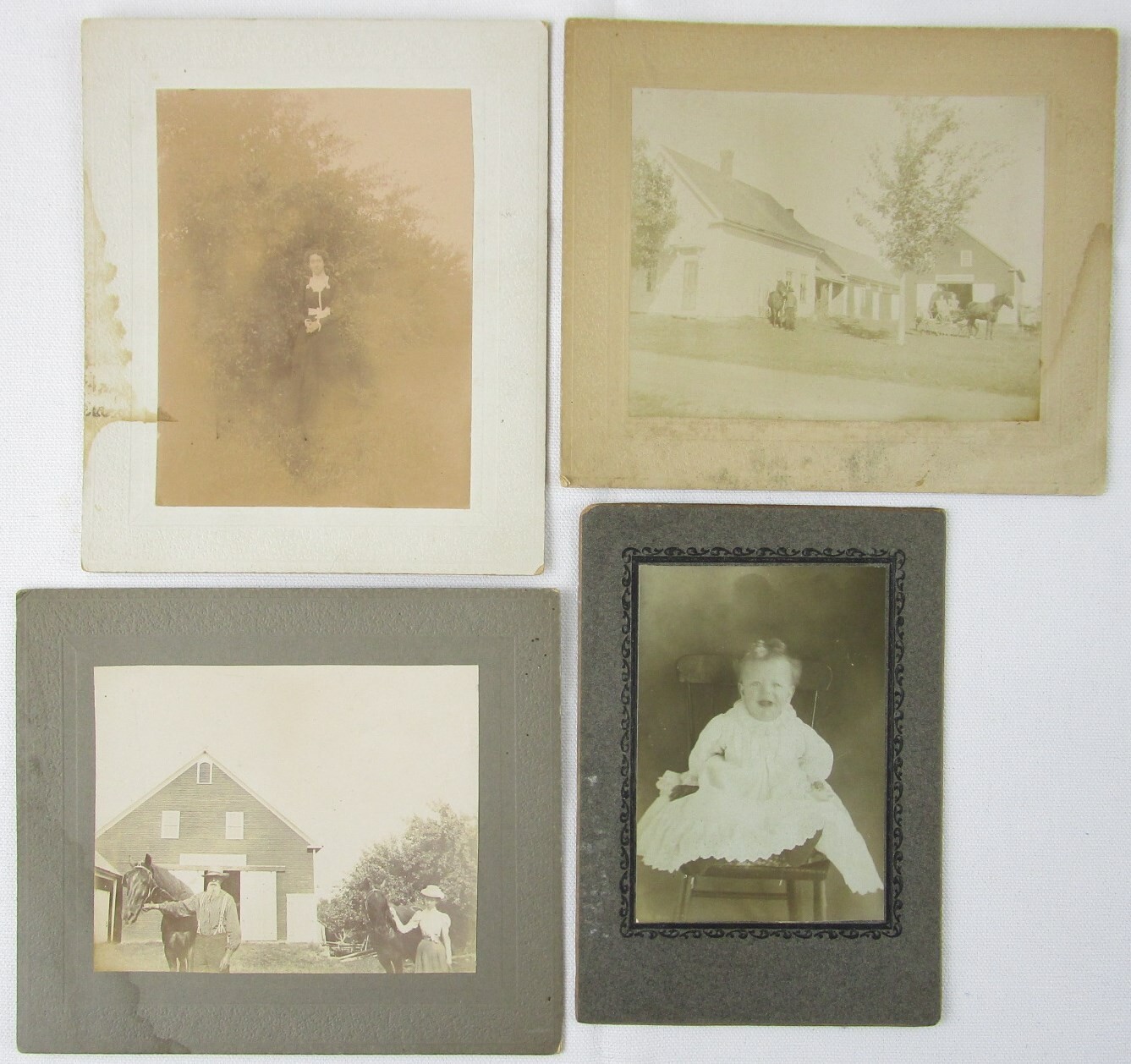 Lot of 4 FADED & AGED Antique Photos Cabinet Cards, Horses, Barn, House, Baby Lot of 4 FADED & AGED Antique Photos Cabinet Cards, Horses, Barn, House, Baby