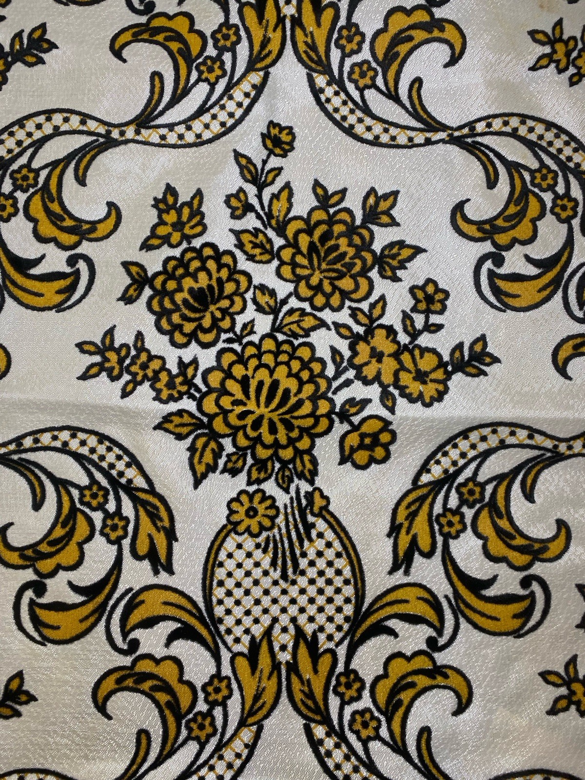 2 MCM Regency Gold & Black Fiberglass Flocked Pinch Pleat Curtains Drapes Vtg 2 MCM Regency Gold & Black Fiberglass Flocked Pinch Pleat Curtains Drapes Vtg