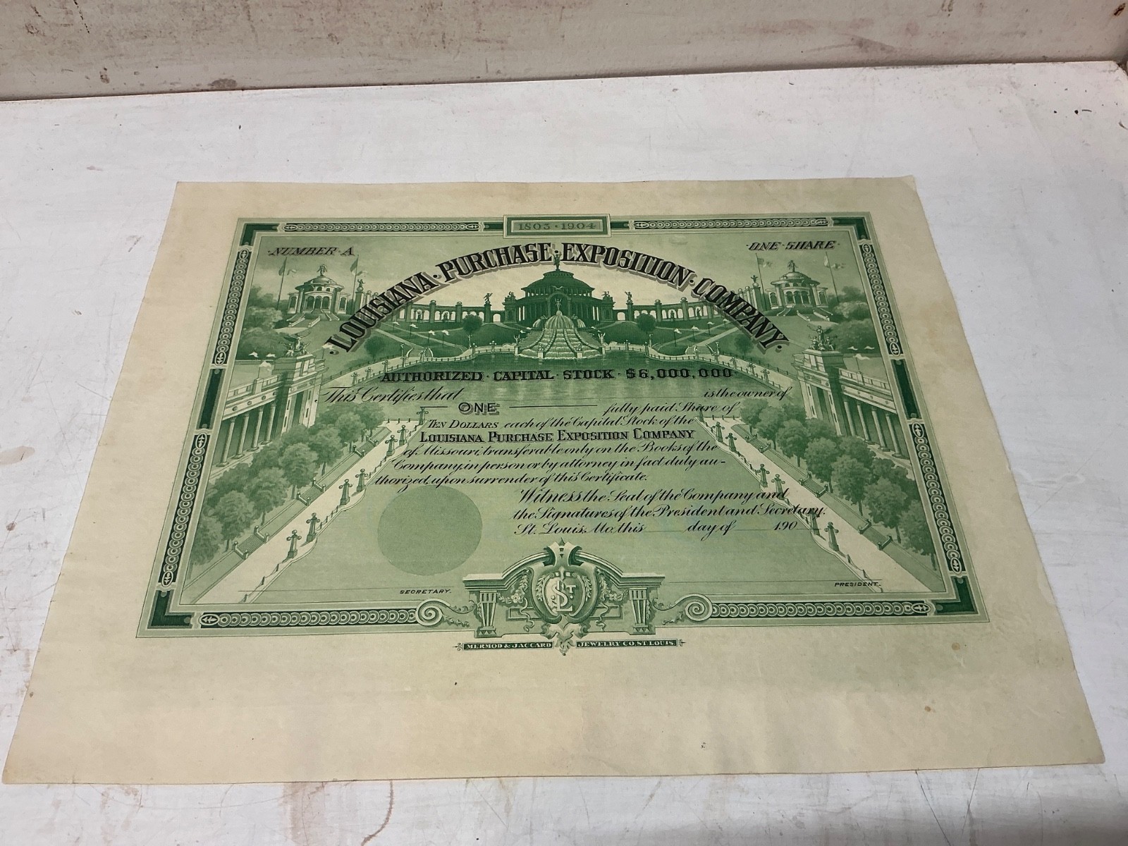Green  1903 Louisiana Purchase Exposition Co/ Unissued Stock Certificate