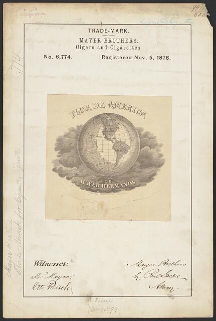 Photo:Mayer Brothers Flor de America Cigar Trademark 1878 Cigarettes Brand