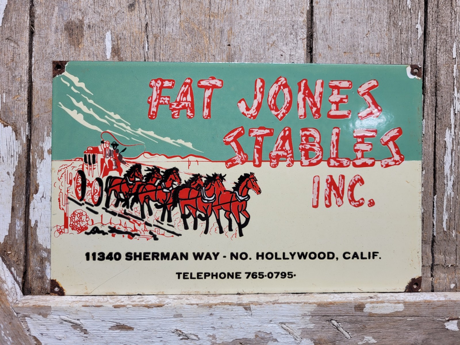 VINTAGE FAT JONES STABLES PORCELAIN SIGN OLD HOLLYWOOD CALIFORNIA HORSE RODEO