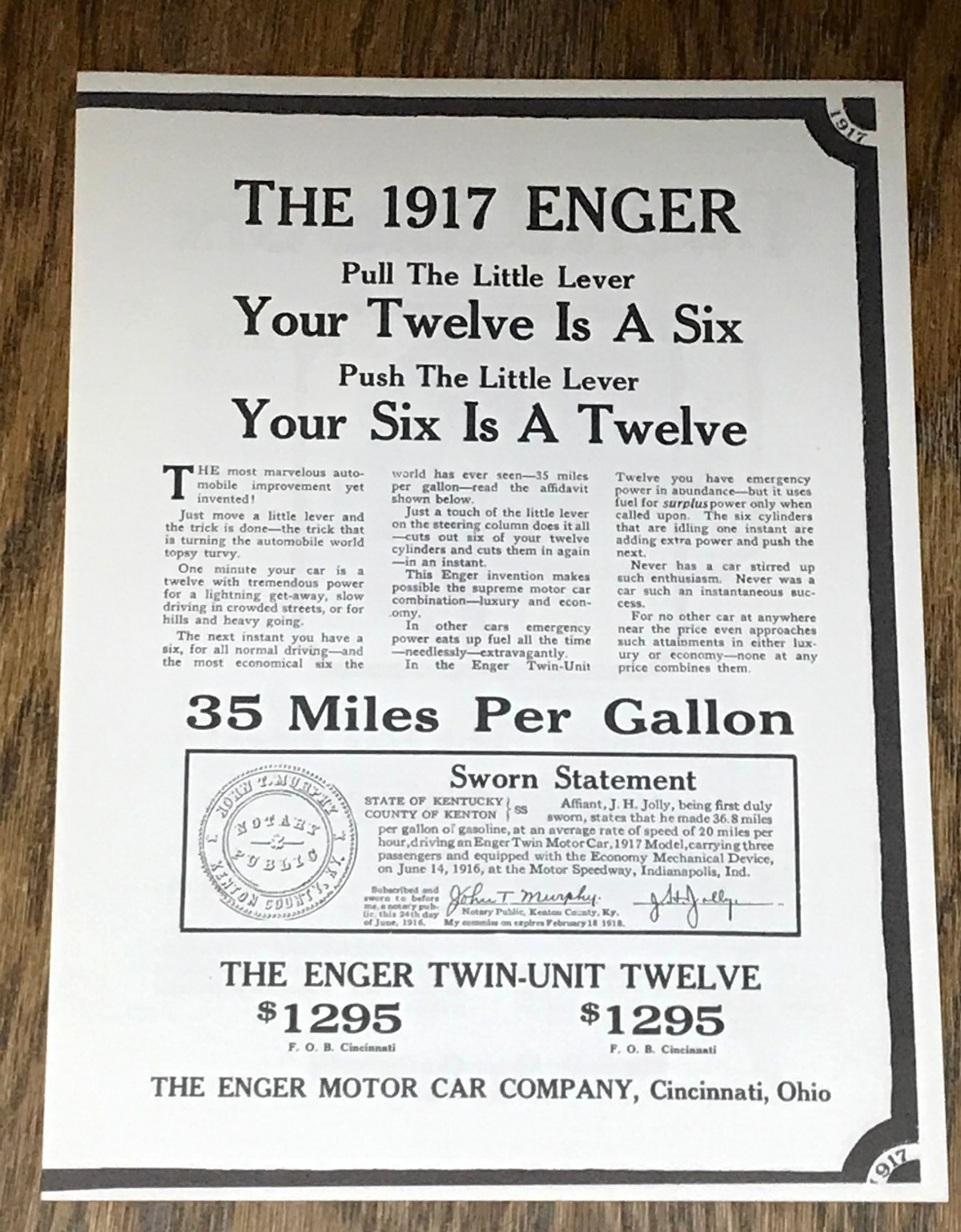 The 1917 Enger, Twin-Unit Twelve & Six Cylinder Motor Car Cincinnati Sales Broch