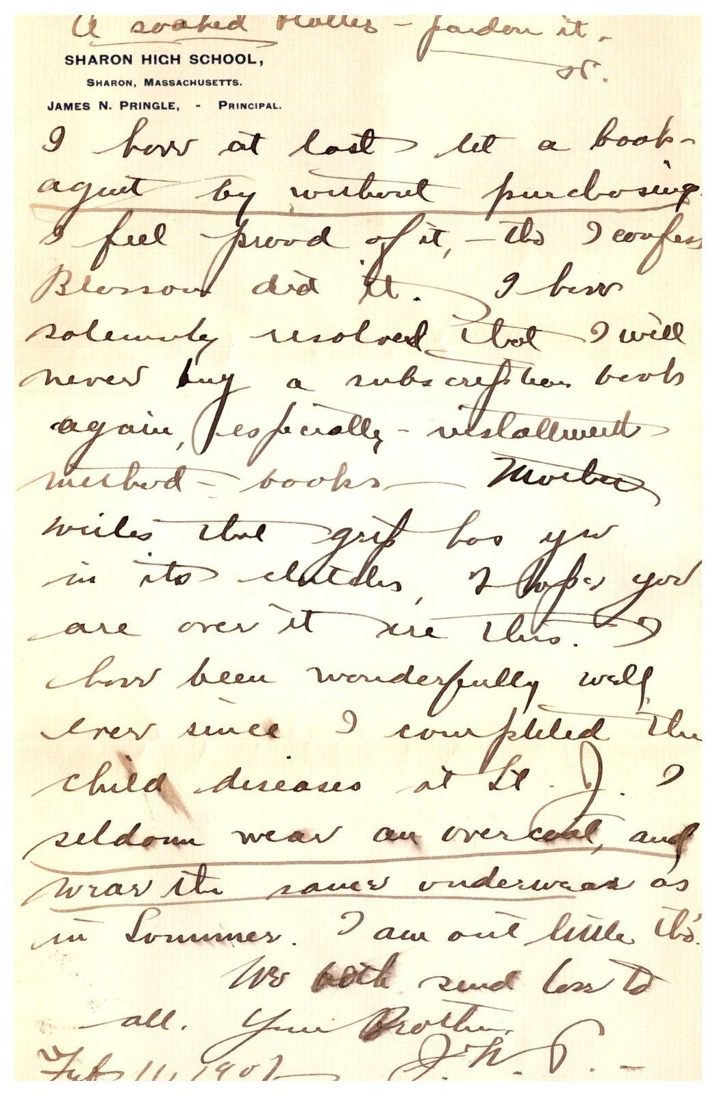 1908 Handwritten Letterhead Sharon High School Massachusetts James N Pringle