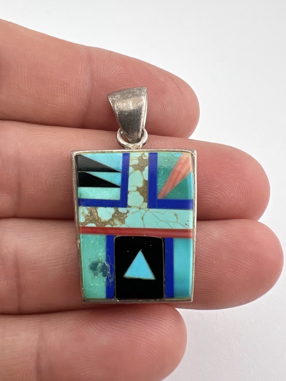 Vtg Navajo Sterling Silver Multi Gemstone Flush Inlay Rectangle Pendant 1 5/8\