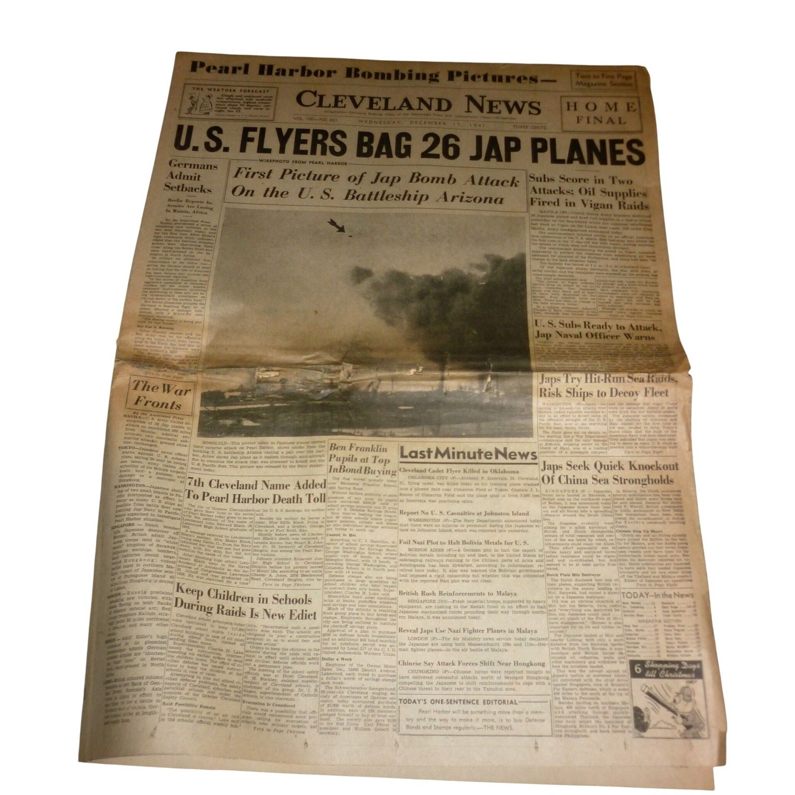 Vintage Dec 17 1941 Cleveland News Newspaper Pearl Harbor USS Arizona Wirephoto