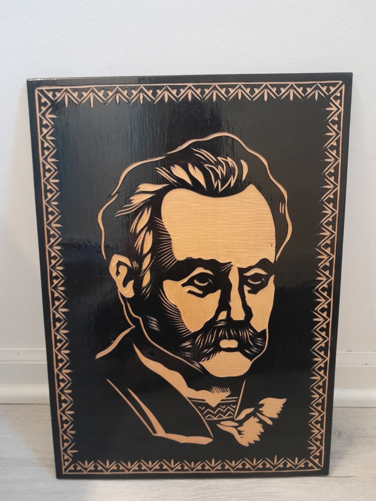Vintage Ukrainian Hand Carved Ivan Franko Portrait, Woodcut Decorative Hanging