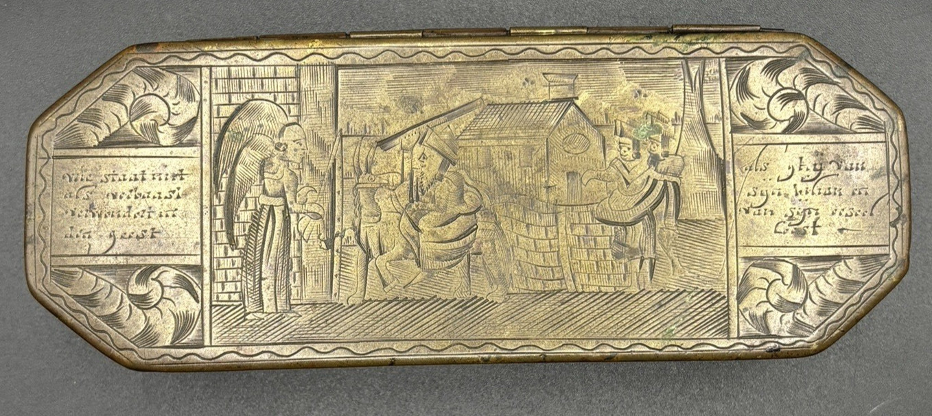 Antique 18th C Dutch Brass Tobacco Box Biblical Scenes 12 Apostles Engraved