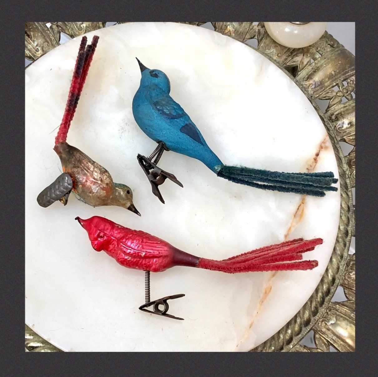 LOT 3) ANTIQUE 1940s MERCURY GLASS Xmas BIRD ORNAMENTS w/ CHENILLE FAN TAILS