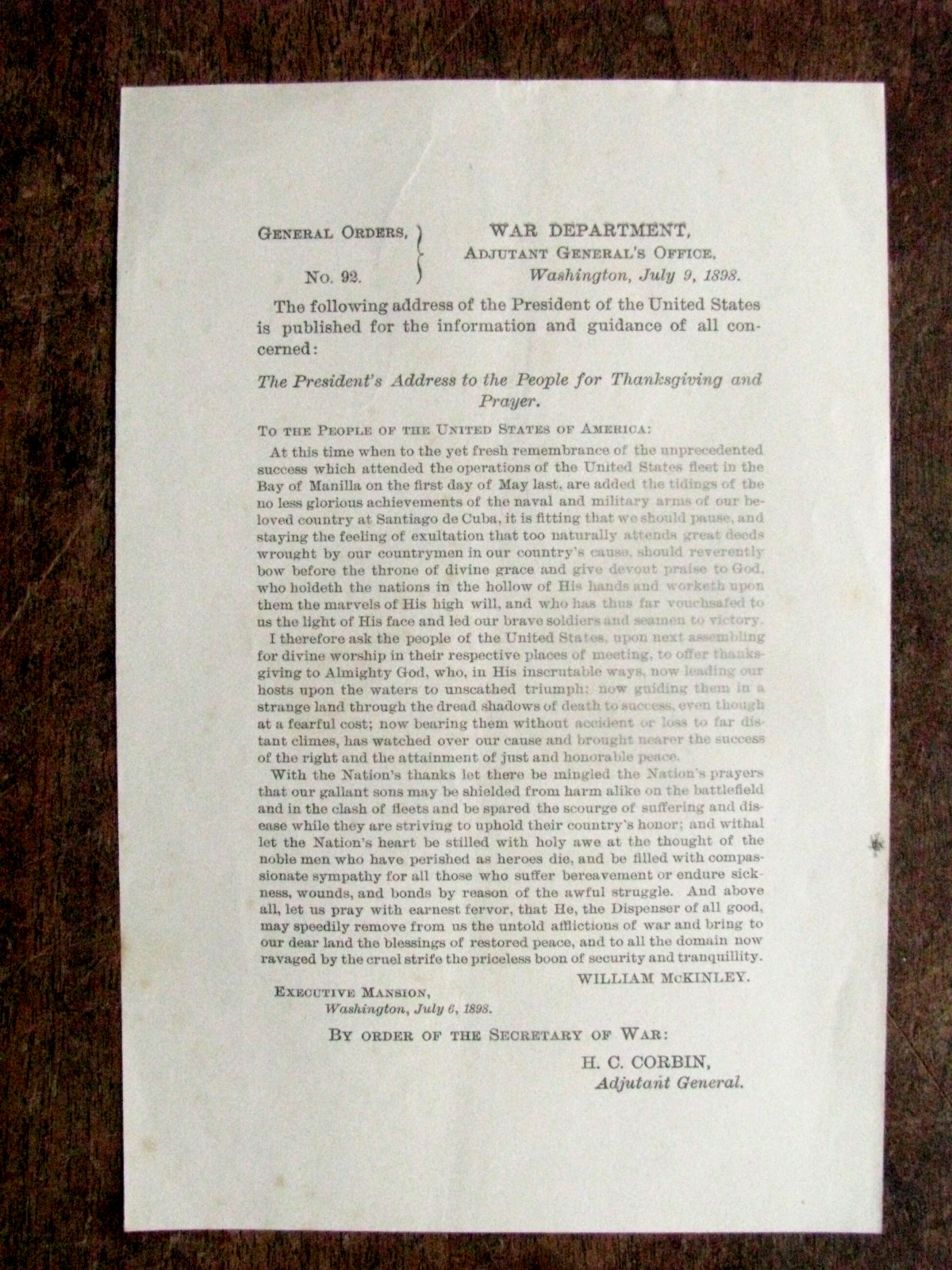 CUBA BATTLE OF SANTIAGO BAY 1898 VICTORY PROCLAMATION PRESIDENT WILLIAM MCKINLEY