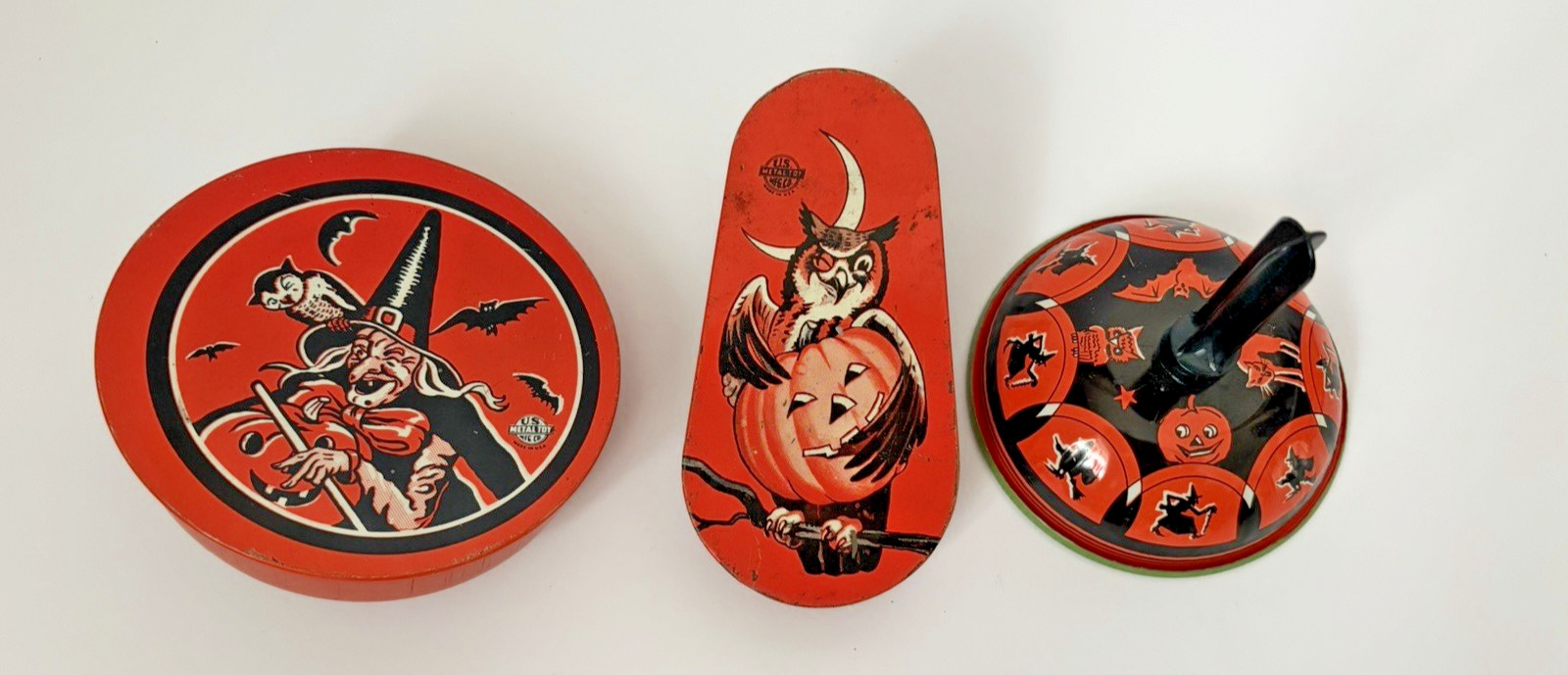 Three Vintage U.S. Metal Tin Litho Halloween Noisemakers Witches,Owls,Cats,Bats