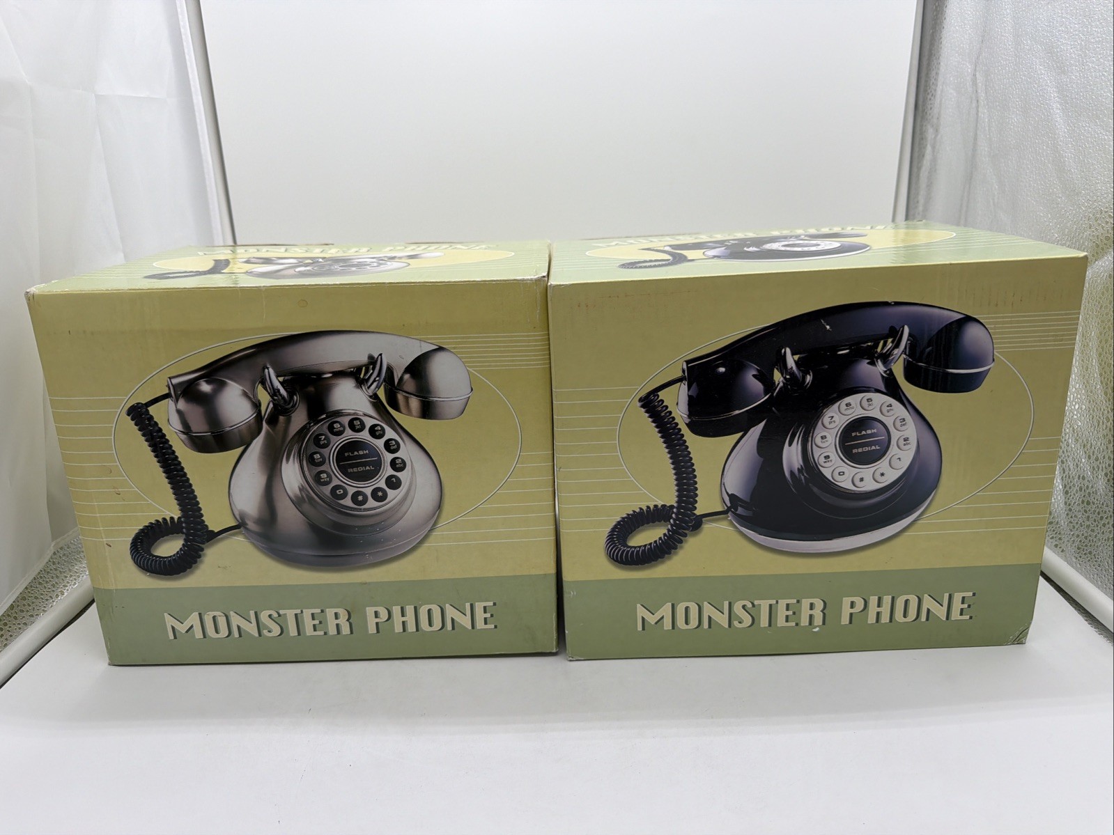 2X Monster Phone Retro Desk Telephones Black & Silver Polyconcept New In Box