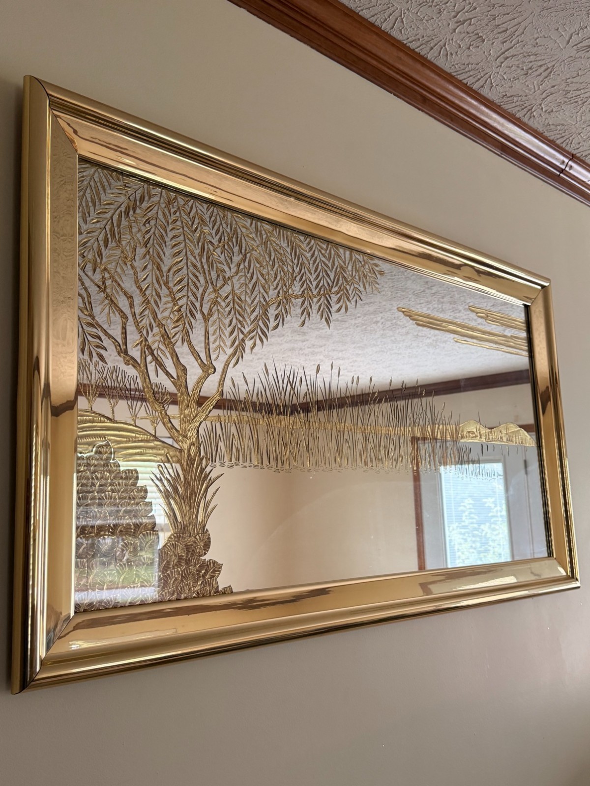 Vintage Brass Etched Mirror - Willow Tree Landscape, Large Vintage Brass Etched Mirror - Willow Tree Landscape, Large