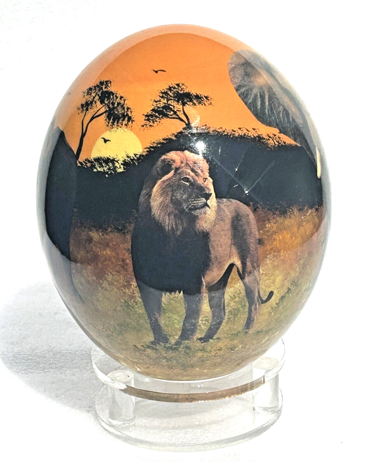 Ostrich Egg Art Signed W/Base African Safari Animals 6\
