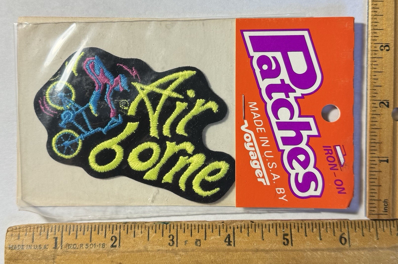 Vintage 80s BMX Bike Racing Airborne Iron On Patch Voyager Old School Freestyle