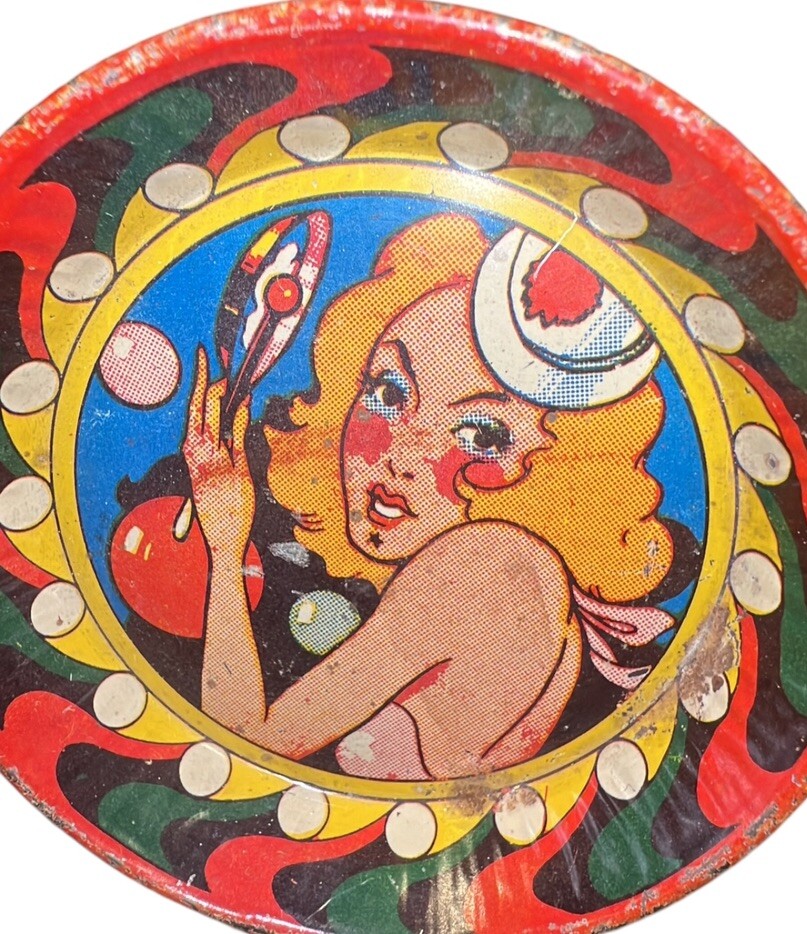 Vtg 1959-60s US Metal Toy Mfg Co Tin Litho Noisemaker Lot 8 Circus Pinup Novelty