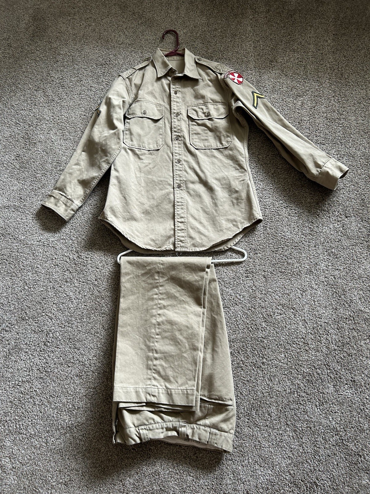 1951 Korean War US ARMY MENS KHAKI SHIRT & PANTS SET STAND-UP COLLAR