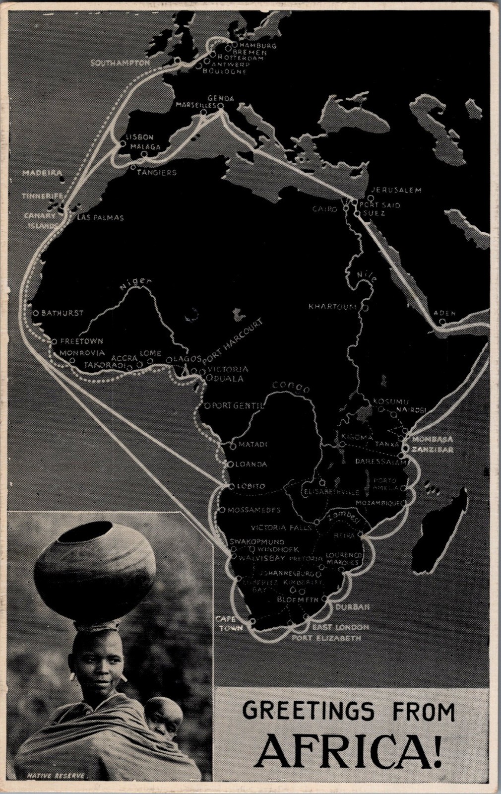 Greetings From Africa Map Postcard Antique