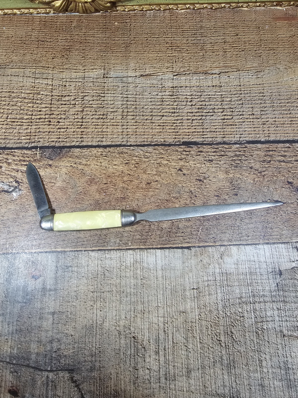 Vintage LK Co USA Letter Opener w/Knife Combo Faux Pearl Handle 