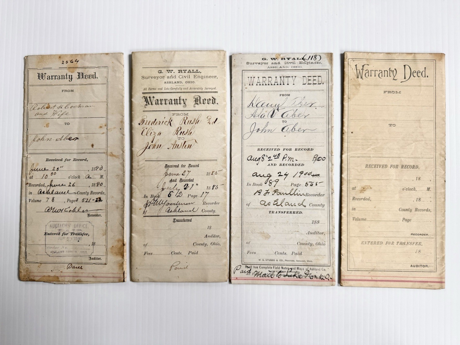 4 Antique Warranty Property Deeds Ashland County, Ohio- 1885, 1890, 1896, 1900 4 Antique Warranty Property Deeds Ashland County, Ohio- 1885, 1890, 1896, 1900