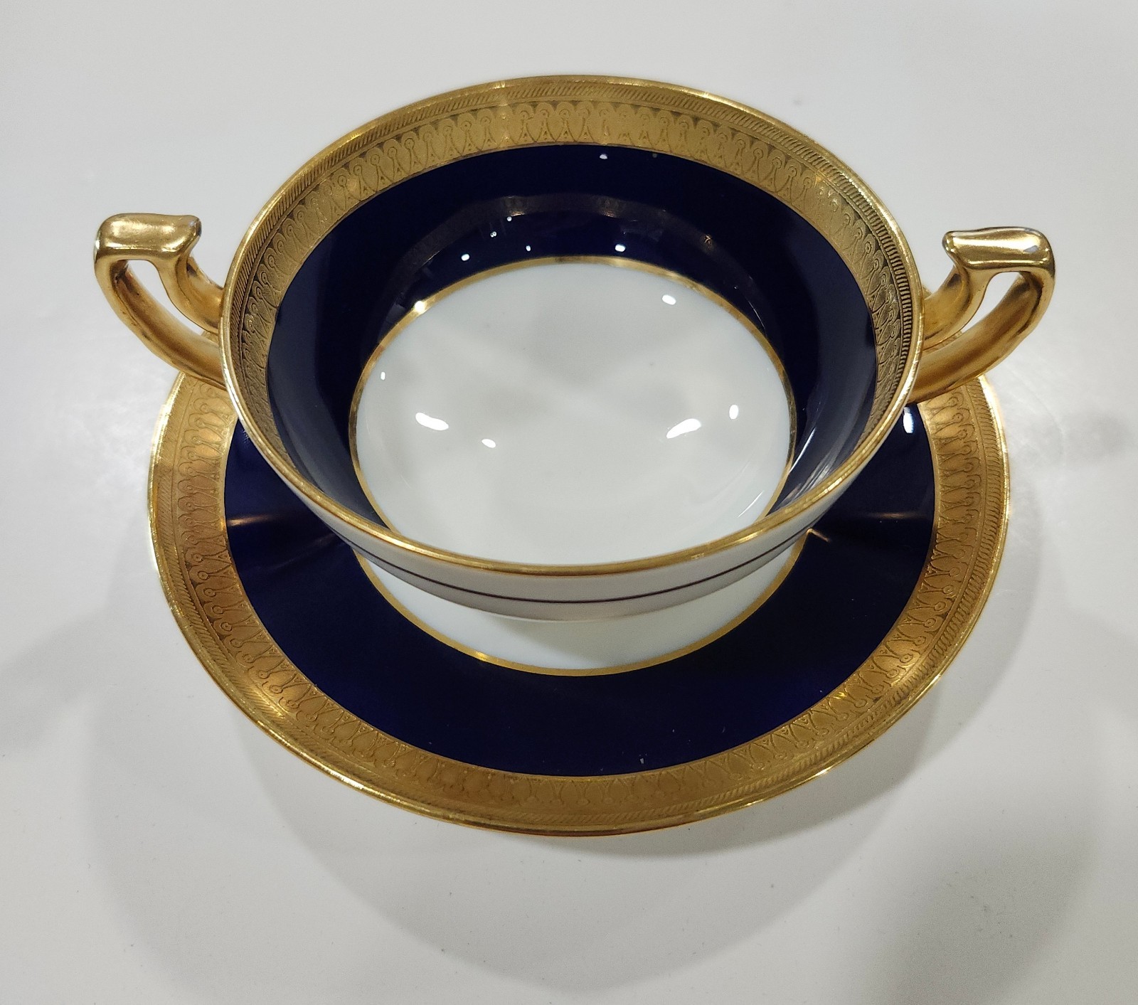 1800s Mintons porcelain/ 6 cream soup bowls with under plate In cobalt blue/gold