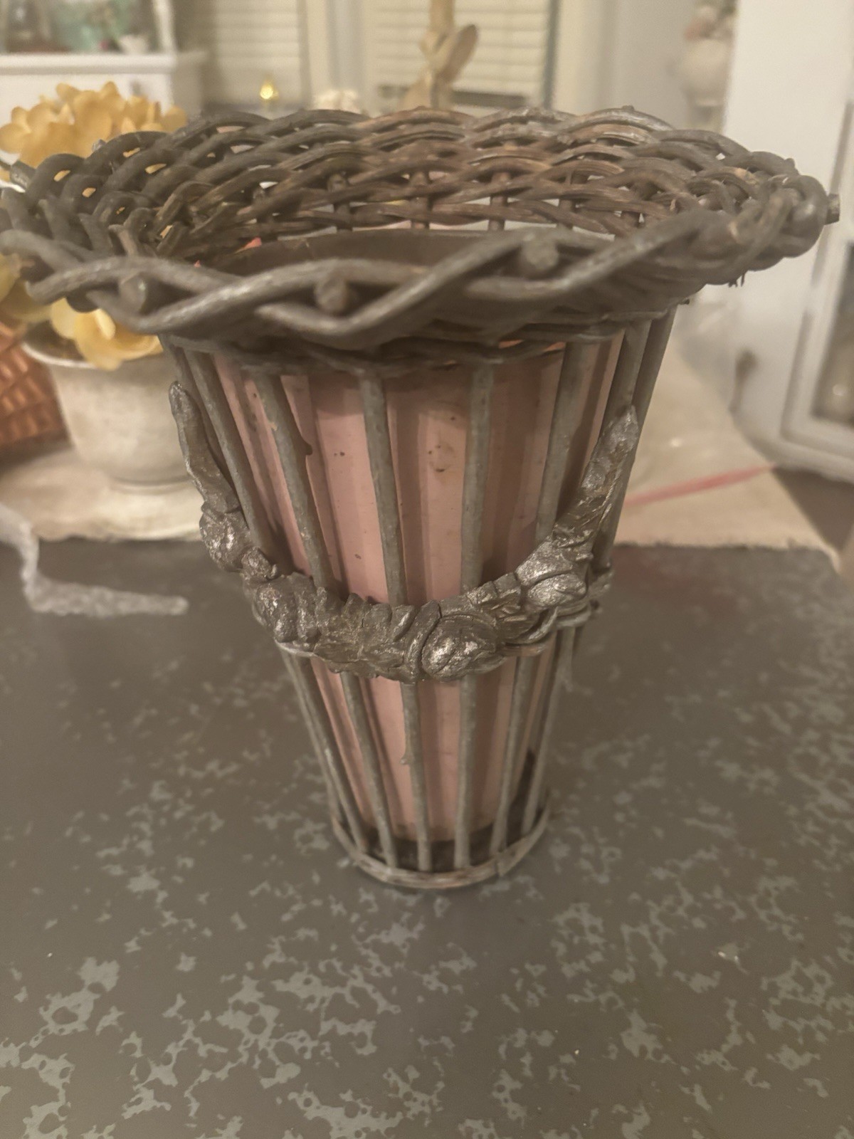 Antique Woven Wicker BARBOLA Gesso Vase with Metal Liner Flower Swag