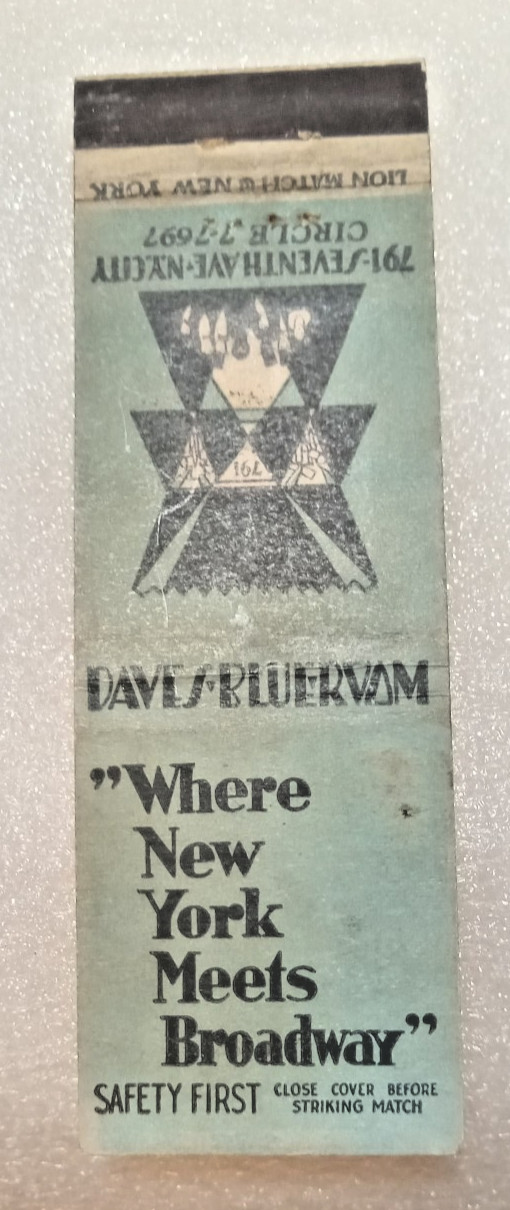 1920's  SAFETY FIRST MATCHCOVER .DAVE'S BLUE ROOM 791 7th Ave. NYC - Stars -Exmt