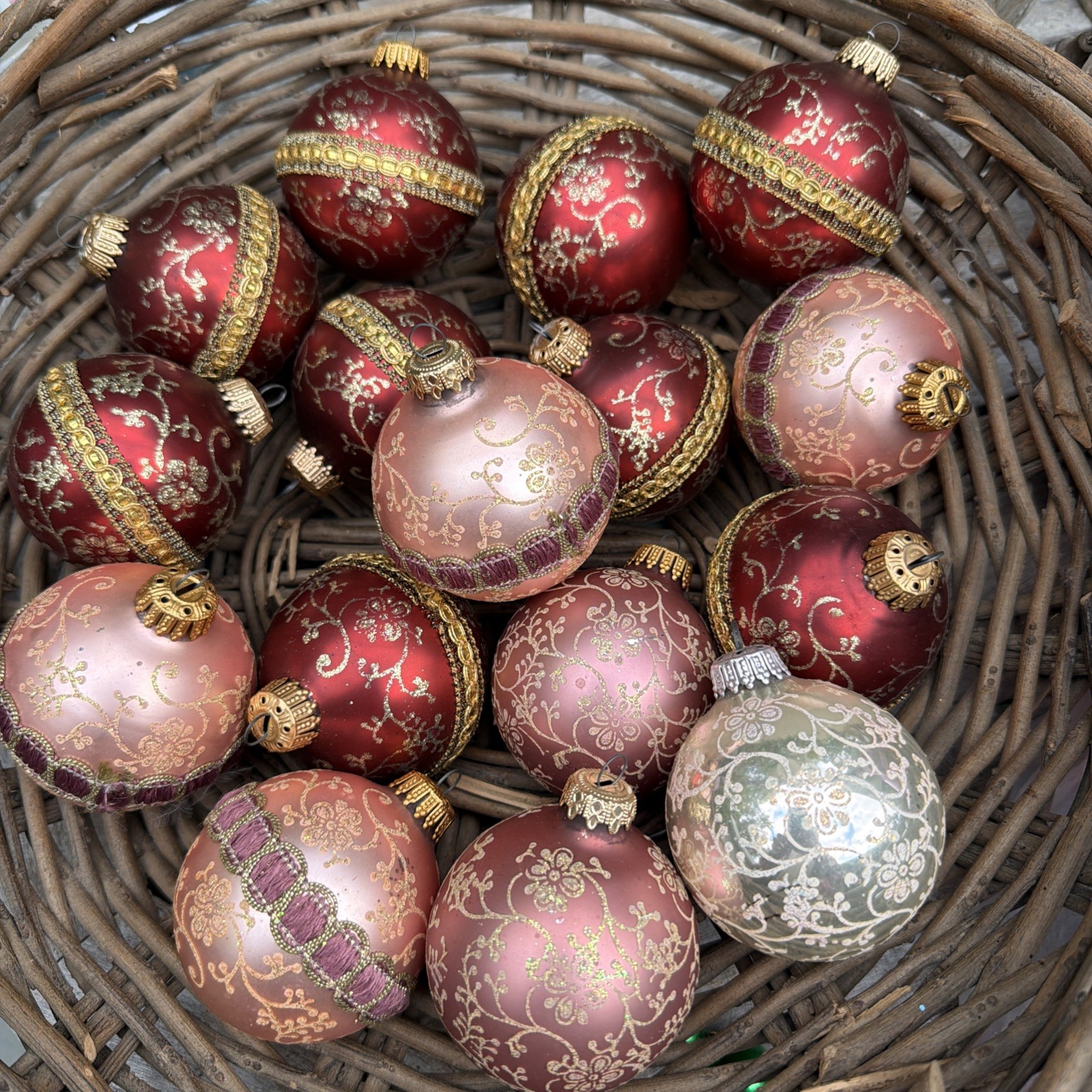 Vintage Lot of 16 West Germany Christmas Glass Ornaments Pink Maroon Gold Ribbon